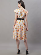 Jainish Women's Orange Printed A-Line Dresses With Belt | Grocsy