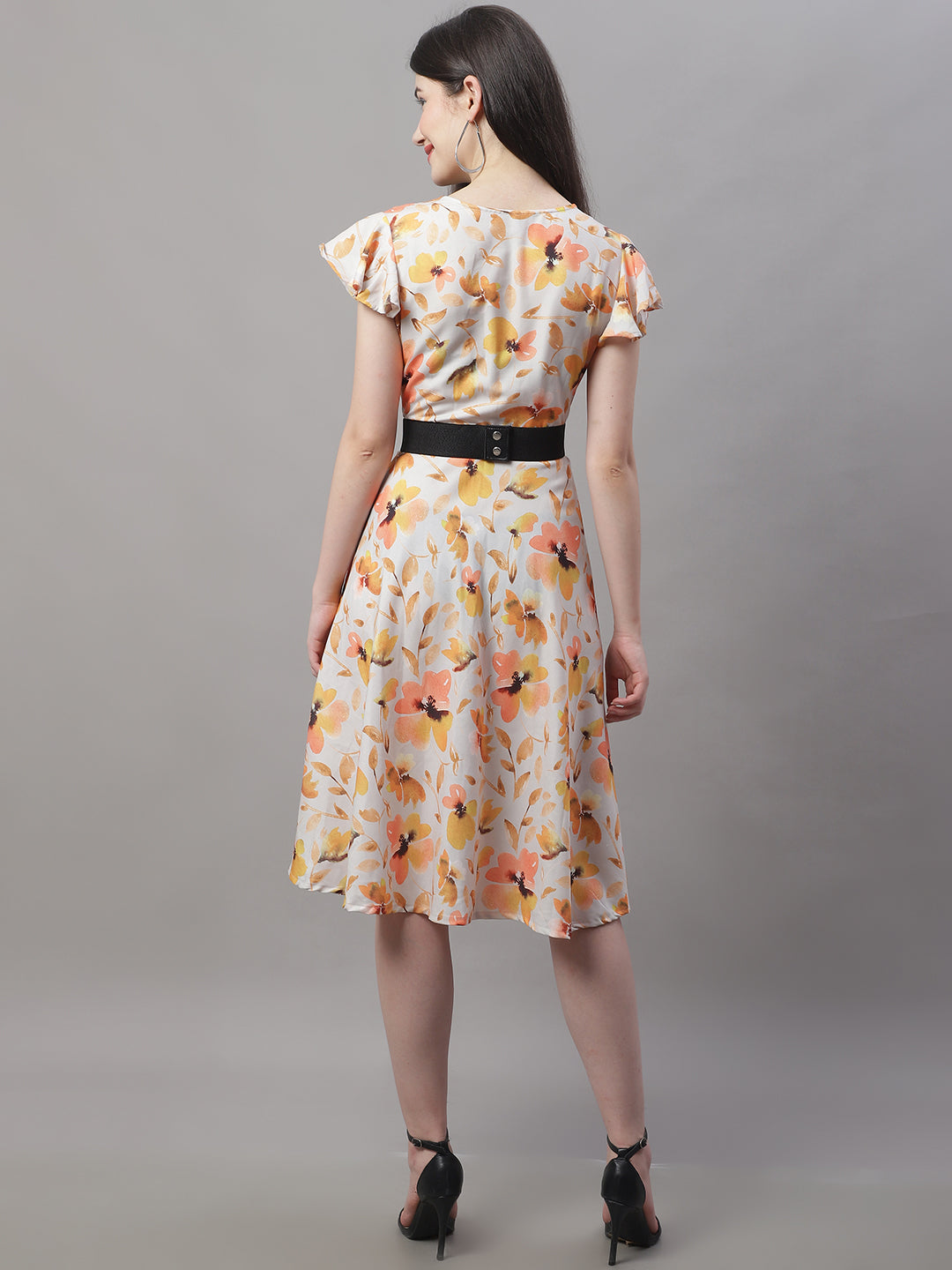 Jainish Women's Orange Printed A-Line Dresses With Belt | Grocsy
