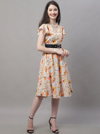 Jainish Women's Orange Printed A-Line Dresses With Belt | Grocsy