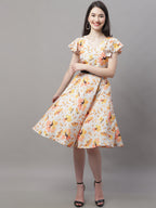 Jainish Women's Orange Printed A-Line Dresses With Belt | Grocsy