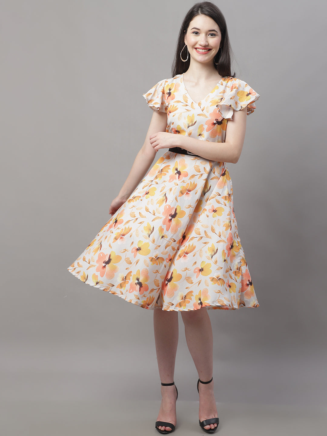 Jainish Women's Orange Printed A-Line Dresses With Belt | Grocsy