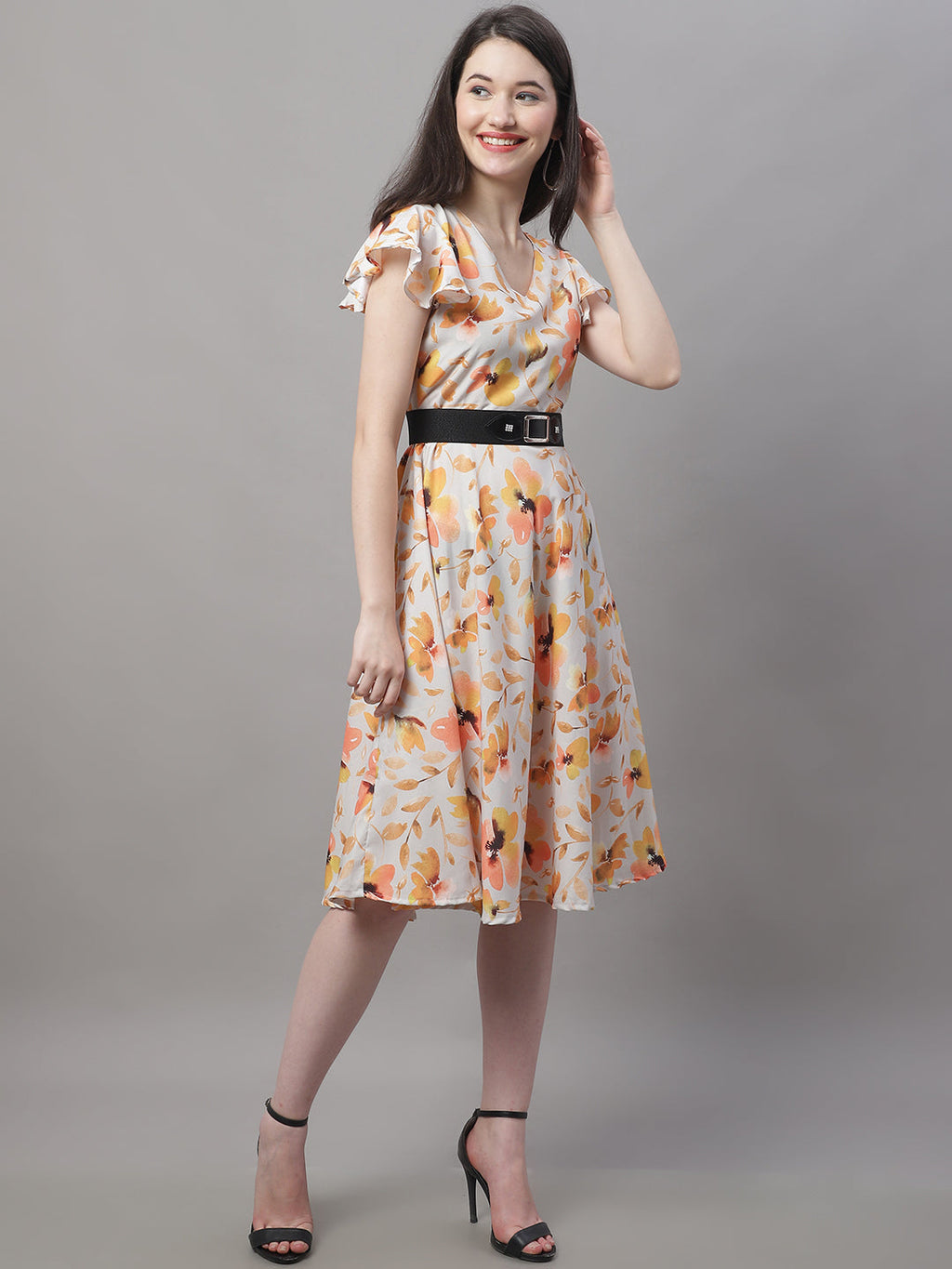 Jainish Women's Orange Printed A-Line Dresses With Belt | Grocsy