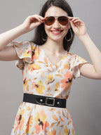 Jainish Women's Orange Printed A-Line Dresses With Belt | Grocsy