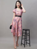 Jainish Women's Pink Printed A-Line Dresses With Belt | Grocsy