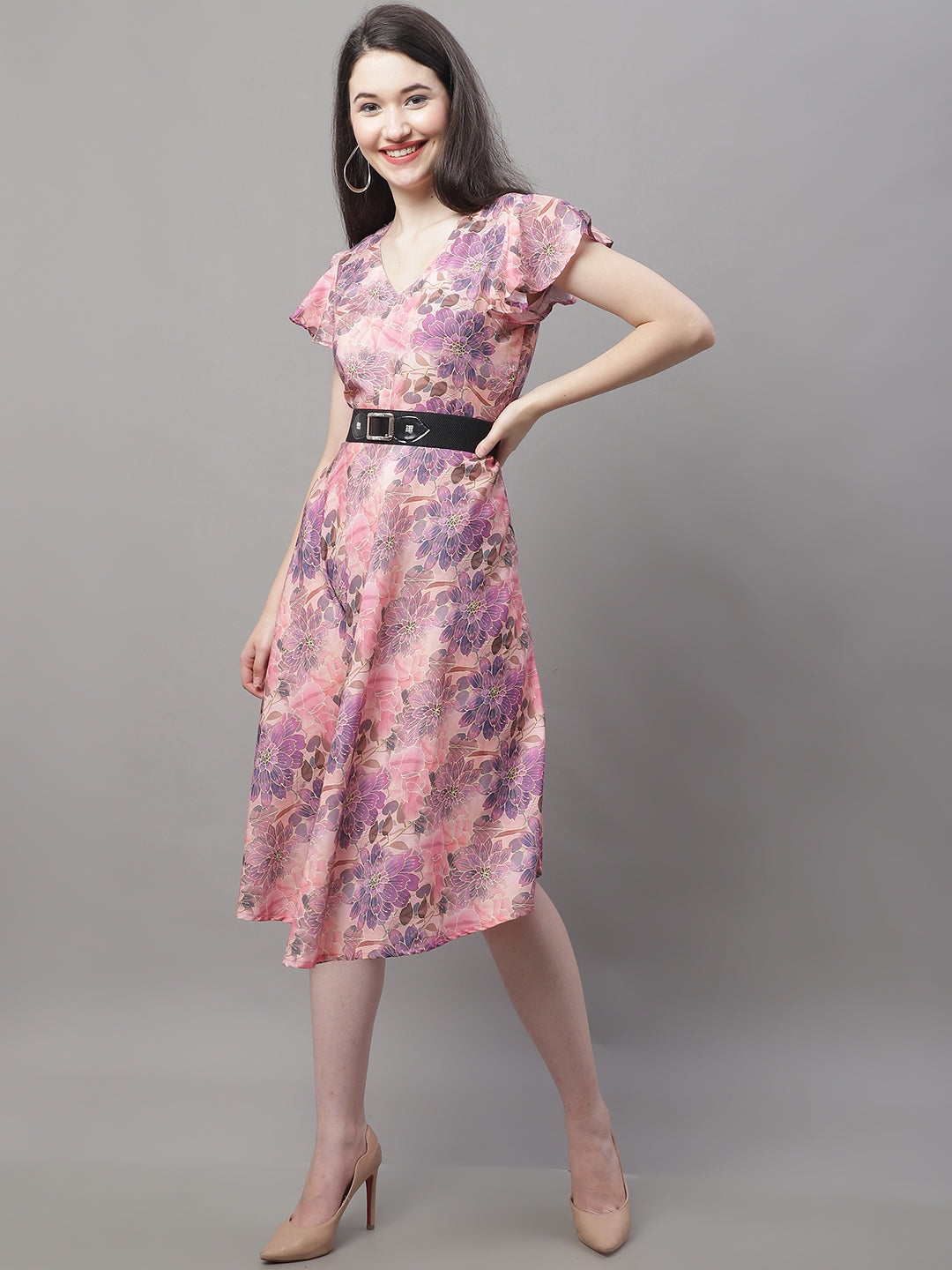 Jainish Women's Pink Printed A-Line Dresses With Belt | Grocsy