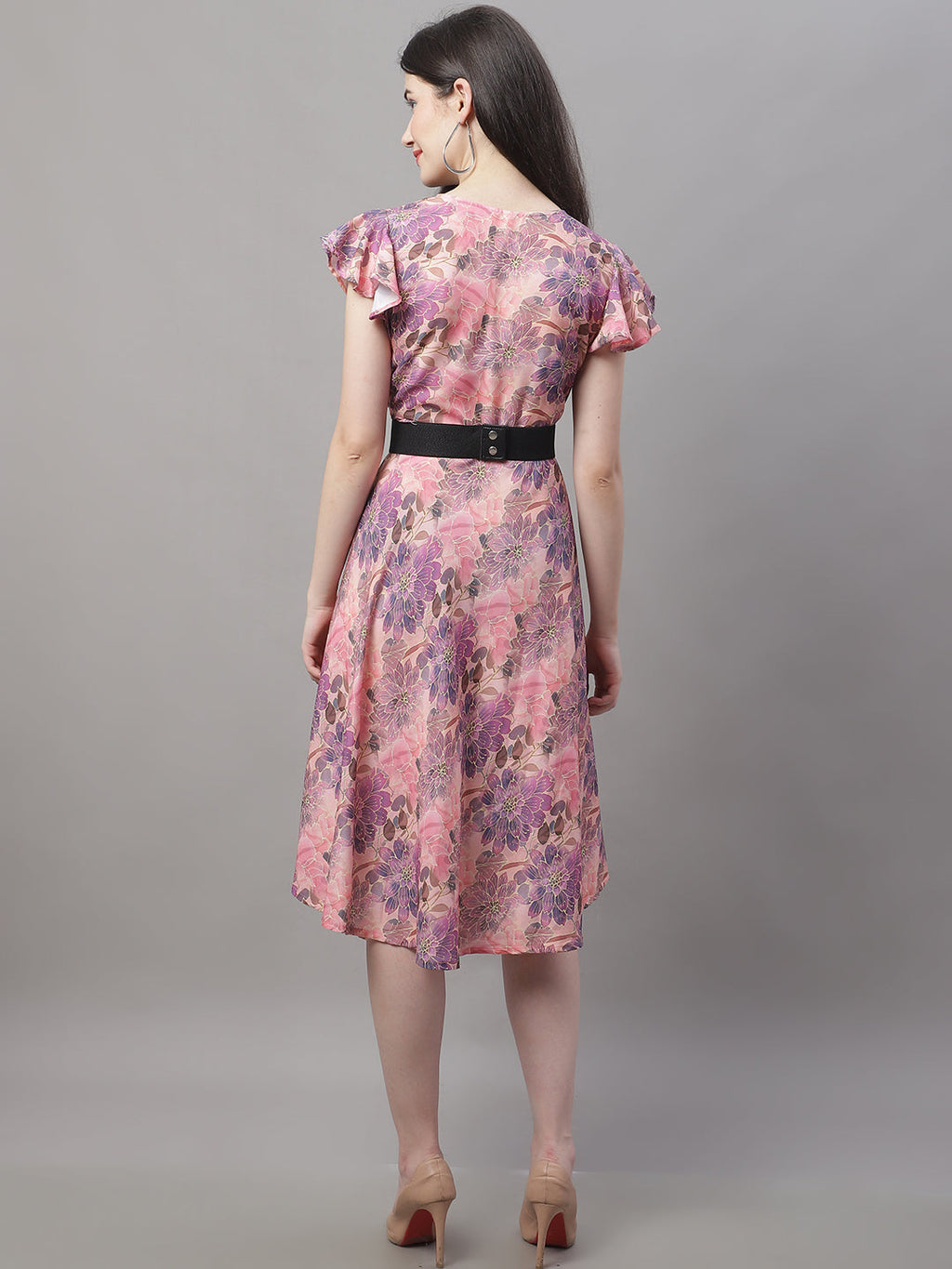 Jainish Women's Pink Printed A-Line Dresses With Belt | Grocsy