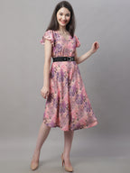 Jainish Women's Pink Printed A-Line Dresses With Belt | Grocsy