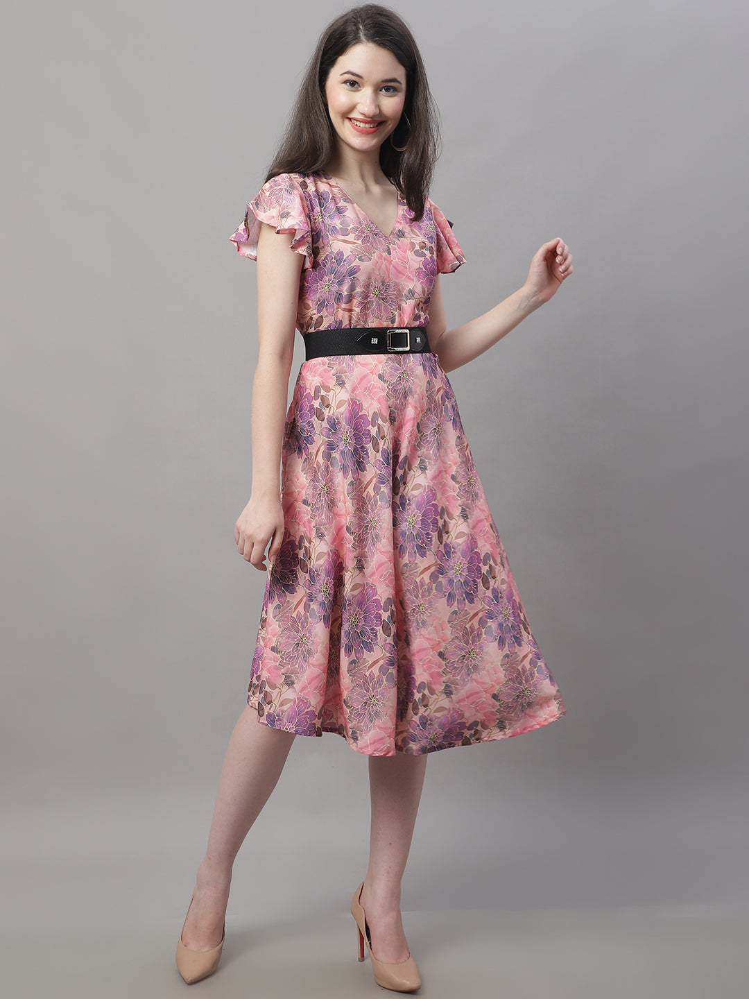 Jainish Women's Pink Printed A-Line Dresses With Belt | Grocsy