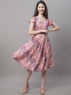 Jainish Women's Pink Printed A-Line Dresses With Belt | Grocsy