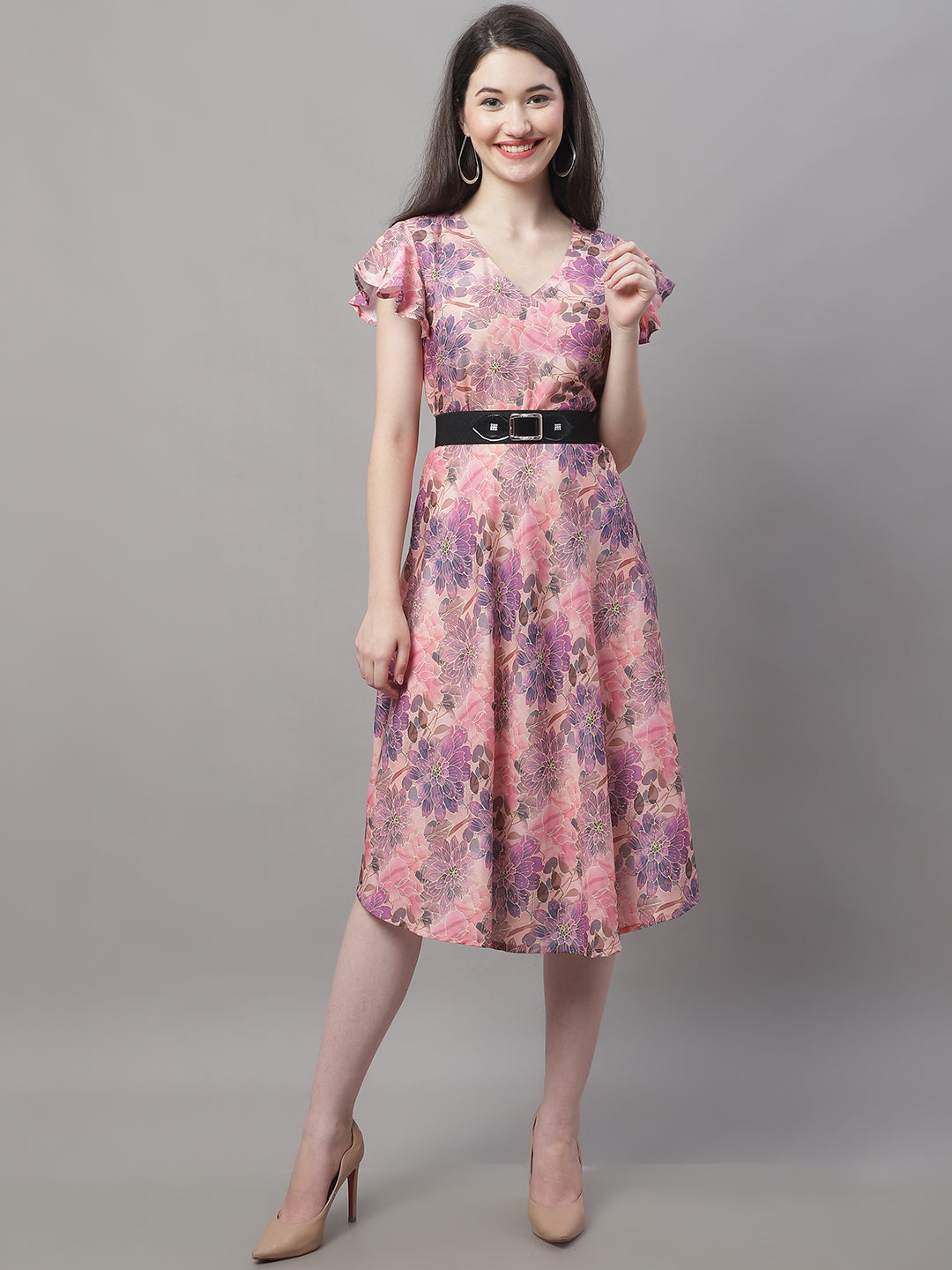 Jainish Women's Pink Printed A-Line Dresses With Belt | Grocsy
