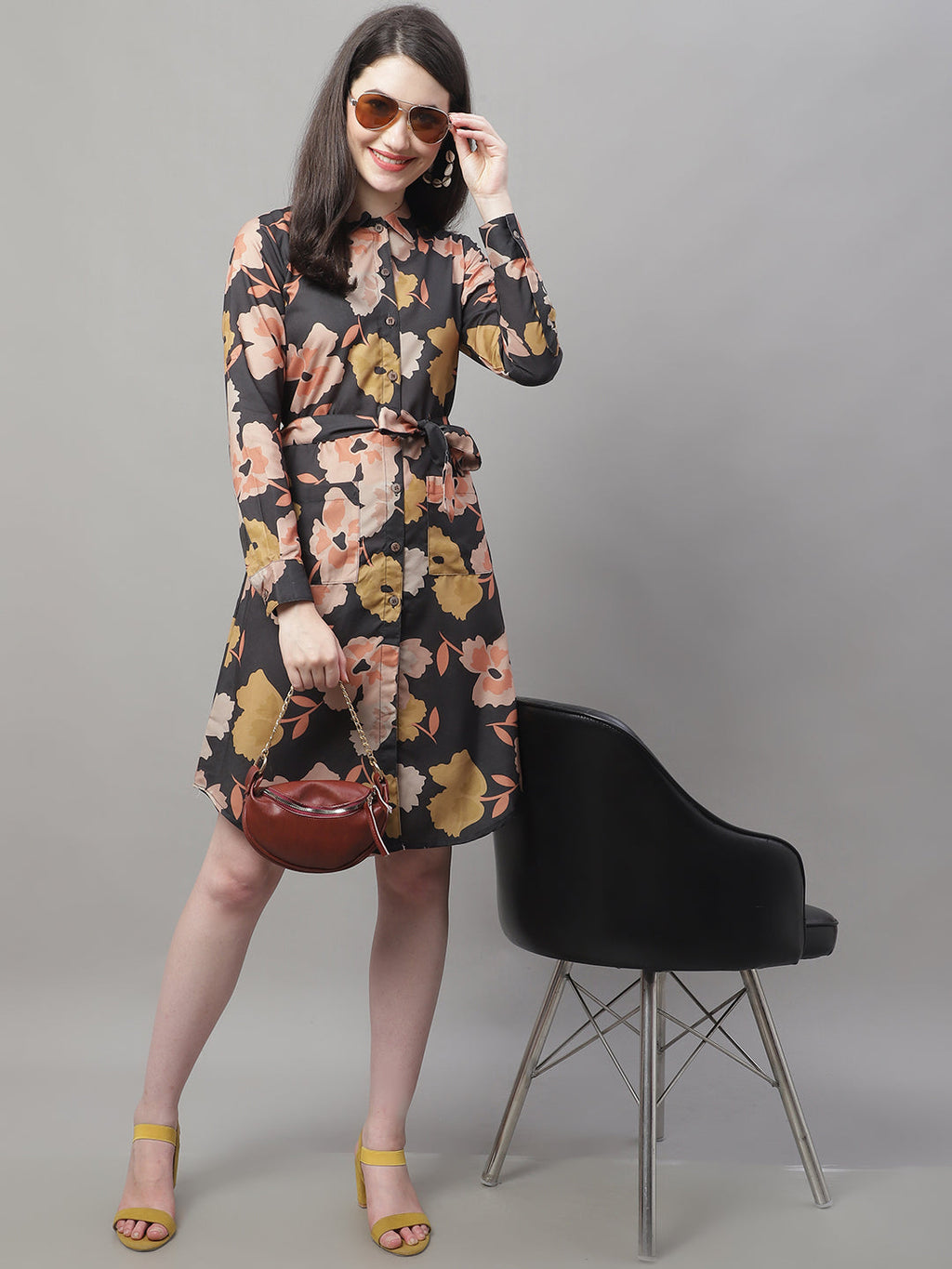 Jainish Women's Black Printed A-Line Dresses With Belt | Grocsy