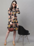 Jainish Women's Black Printed A-Line Dresses With Belt | Grocsy