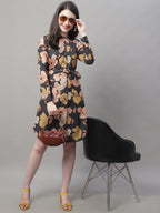 Jainish Women's Black Printed A-Line Dresses With Belt | Grocsy