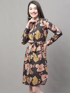 Jainish Women's Black Printed A-Line Dresses With Belt | Grocsy