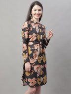 Jainish Women's Black Printed A-Line Dresses With Belt | Grocsy