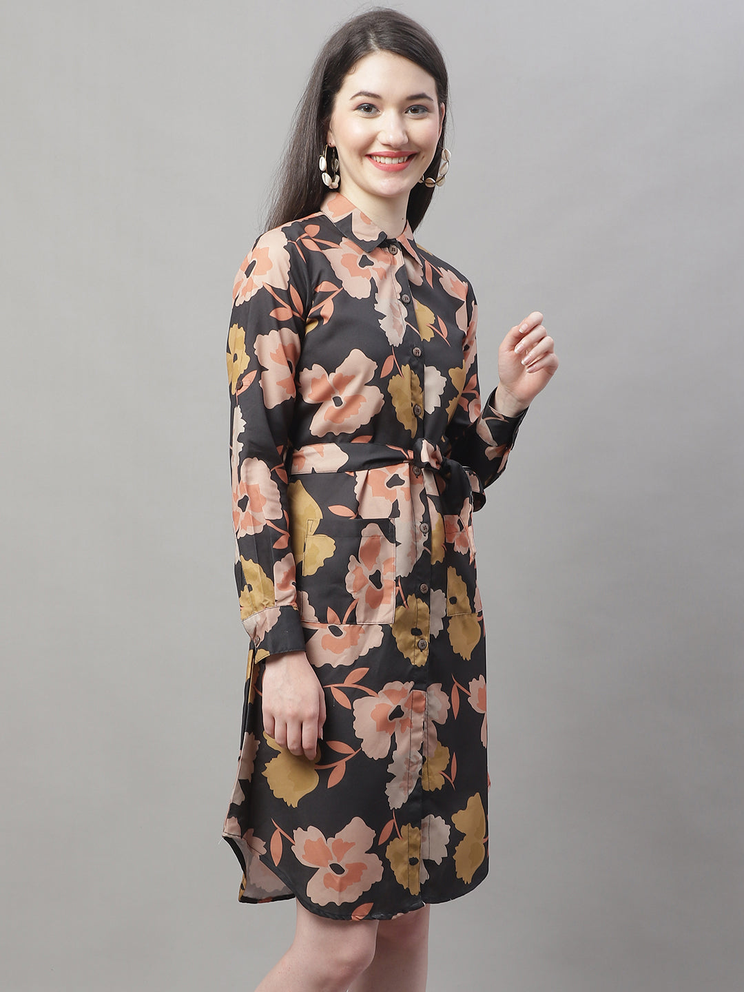 Jainish Women's Black Printed A-Line Dresses With Belt | Grocsy