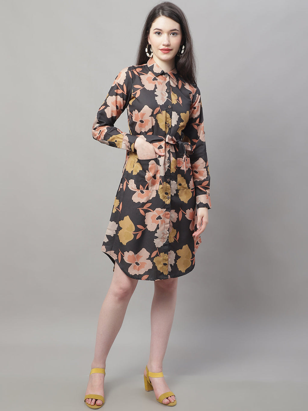 Jainish Women's Black Printed A-Line Dresses With Belt | Grocsy