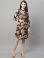 Jainish Women's Black Printed A-Line Dresses With Belt | Grocsy