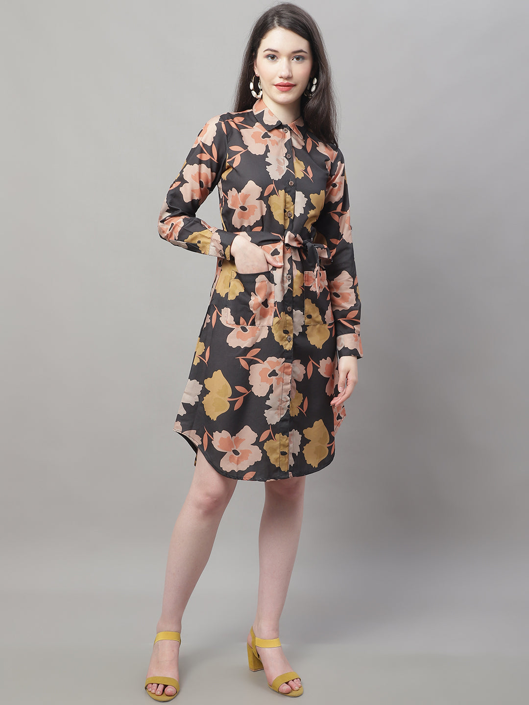 Jainish Women's Black Printed A-Line Dresses With Belt | Grocsy