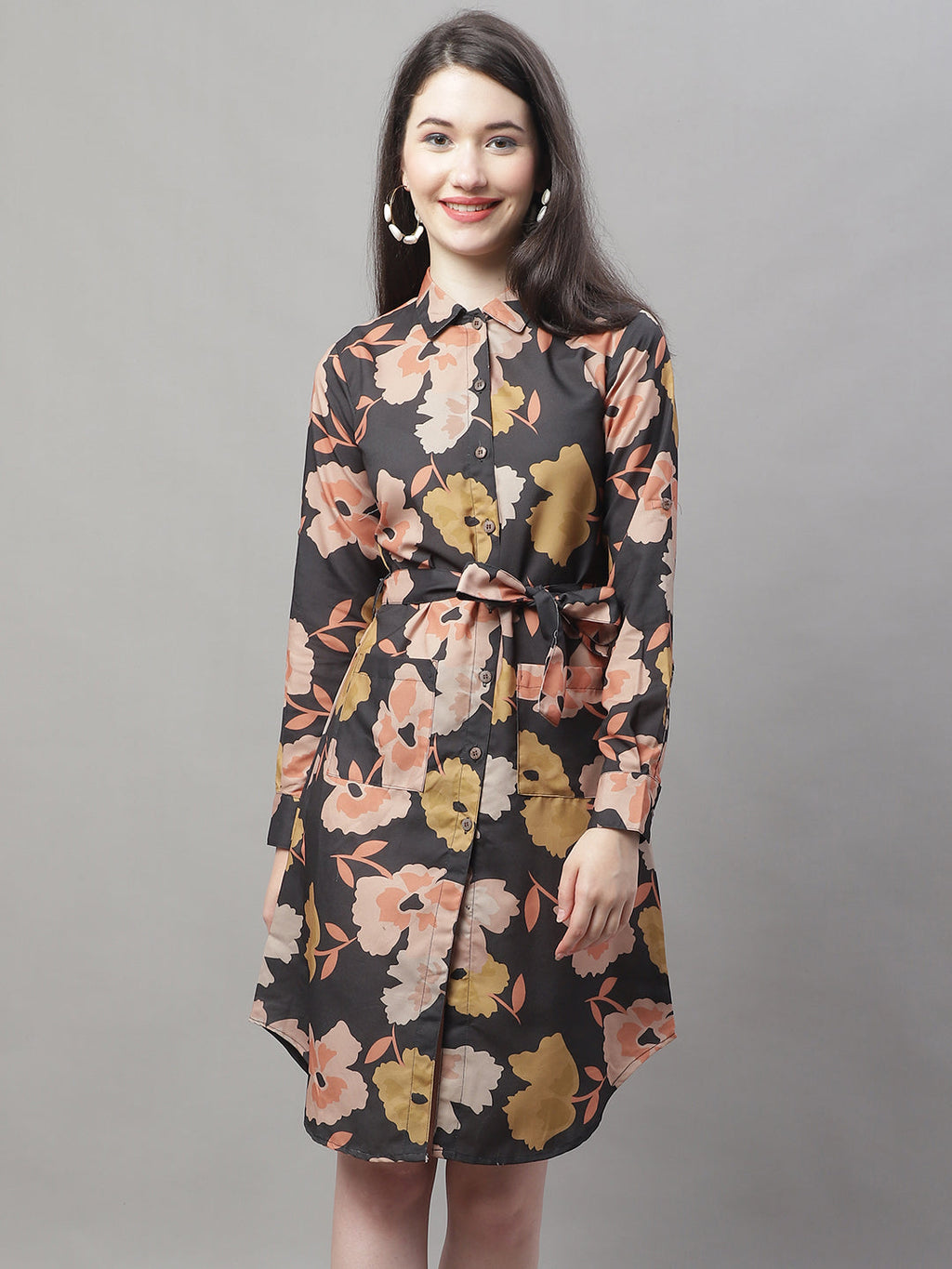 Jainish Women's Black Printed A-Line Dresses With Belt | Grocsy