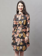 Jainish Women's Black Printed A-Line Dresses With Belt | Grocsy