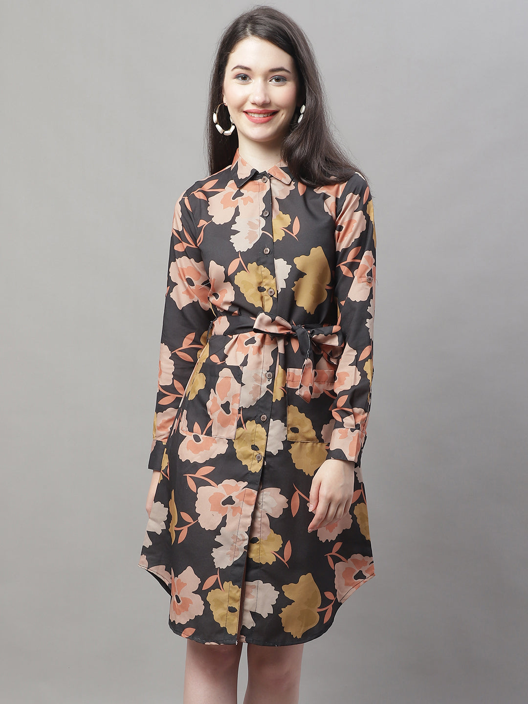 Jainish Women's Black Printed A-Line Dresses With Belt | Grocsy