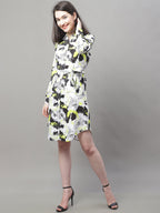 Jainish Women's White Printed A-Line Dresses With Belt | Grocsy
