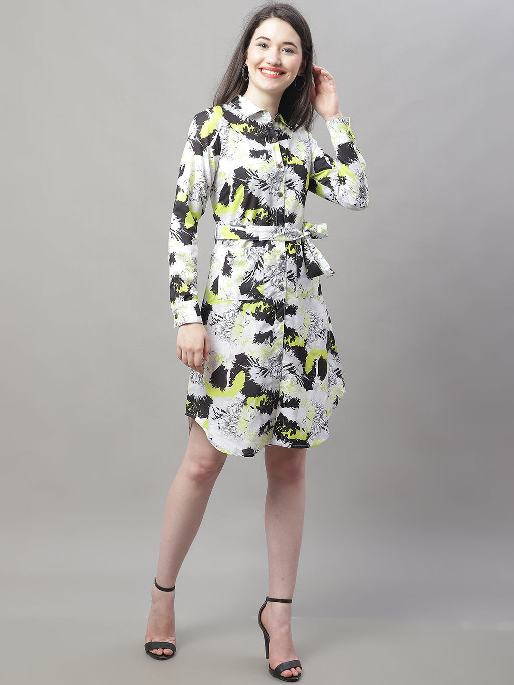 Jainish Women's White Printed A-Line Dresses With Belt | Grocsy