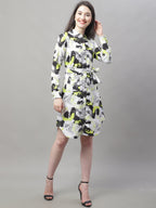 Jainish Women's White Printed A-Line Dresses With Belt | Grocsy
