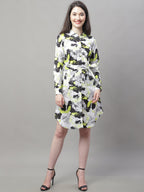 Jainish Women's White Printed A-Line Dresses With Belt | Grocsy