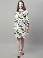 Jainish Women's White Printed A-Line Dresses With Belt | Grocsy