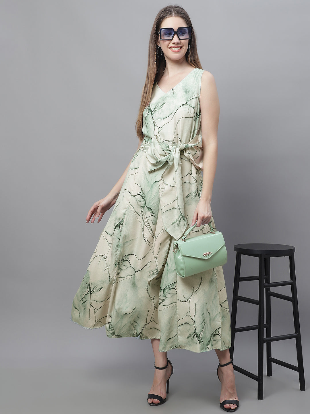 Jainish Women's Green Printed A-Line Dresses | Grocsy