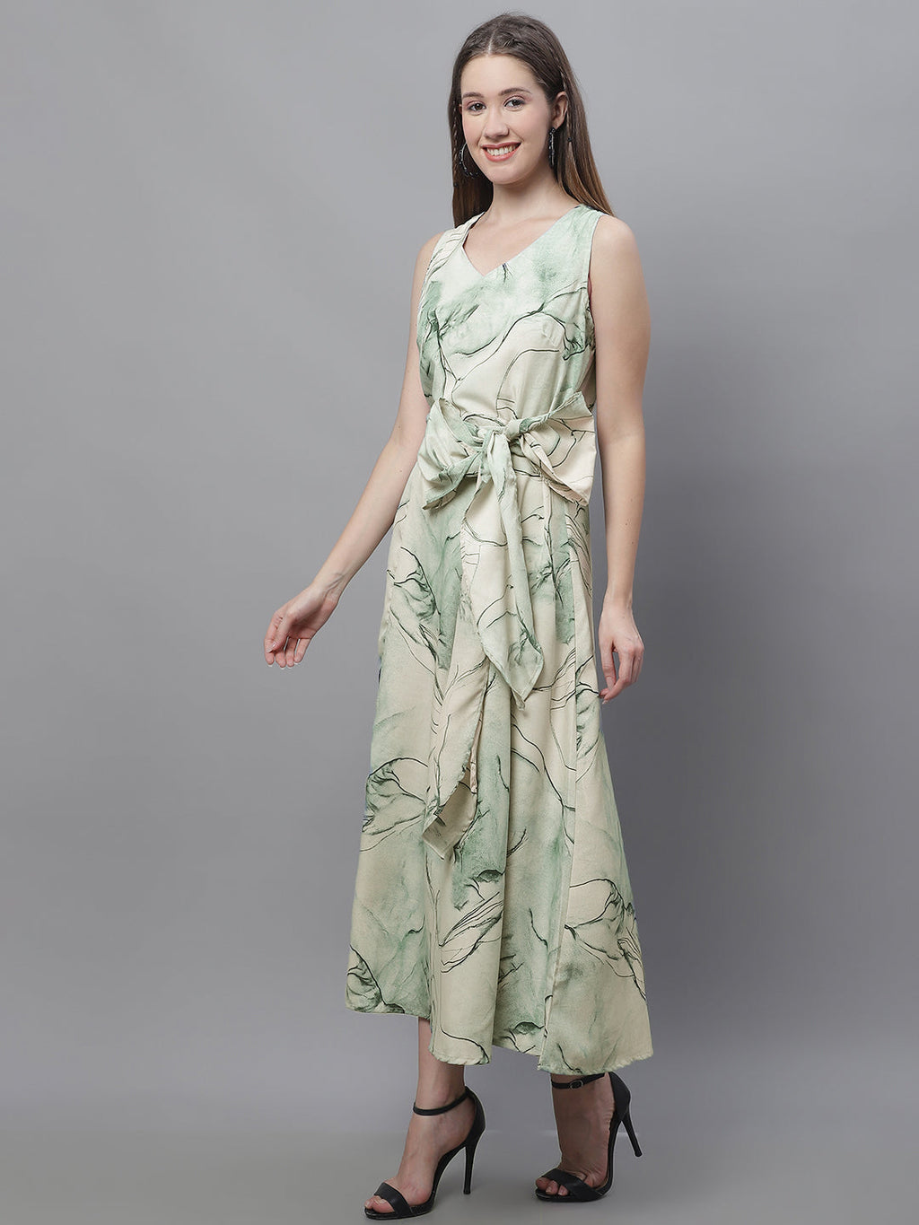 Jainish Women's Green Printed A-Line Dresses | Grocsy