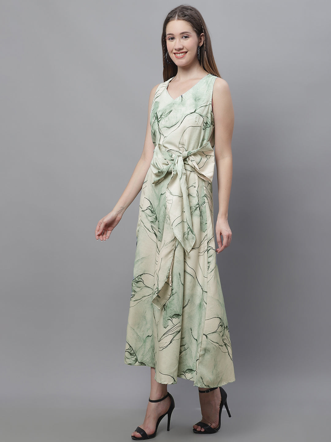 Jainish Women's Green Printed A-Line Dresses | Grocsy