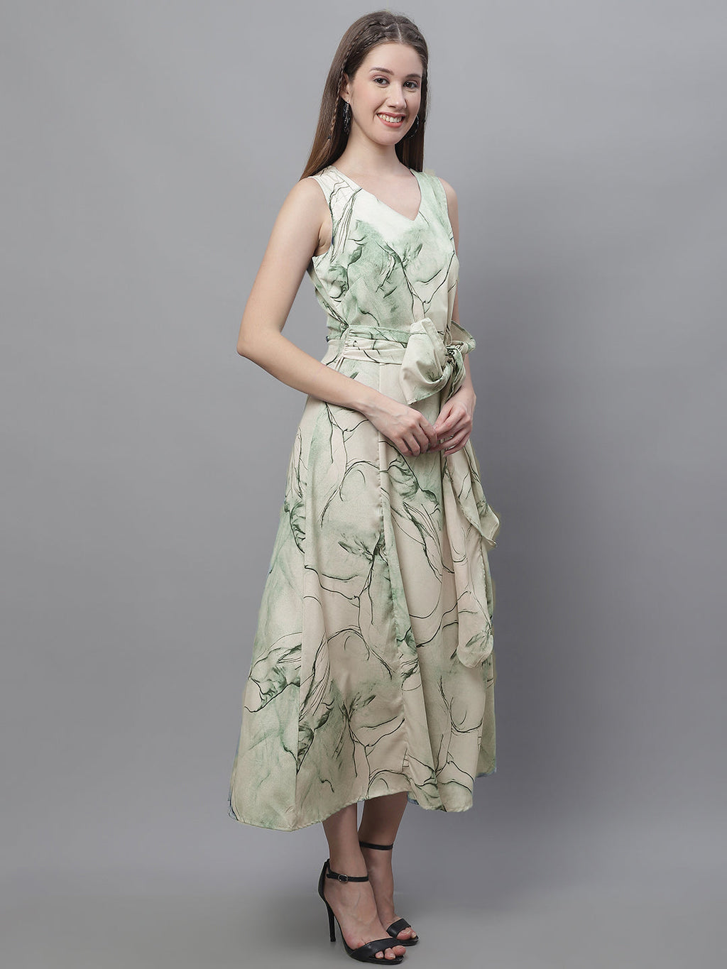 Jainish Women's Green Printed A-Line Dresses | Grocsy