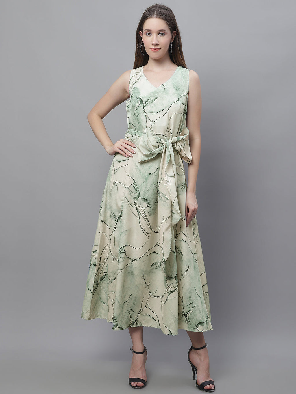 Jainish Women's Green Printed A-Line Dresses | Grocsy