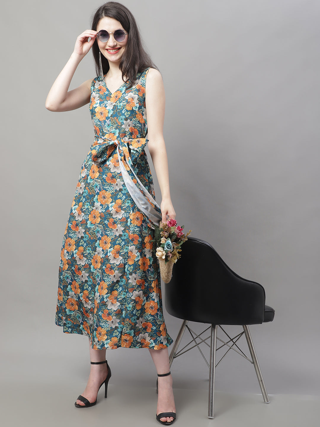 Jainish Women's Teal Blue Printed A-Line Dresses | Grocsy
