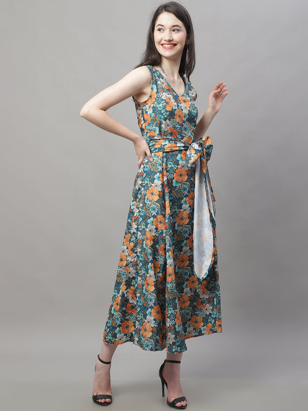Jainish Women's Teal Blue Printed A-Line Dresses | Grocsy