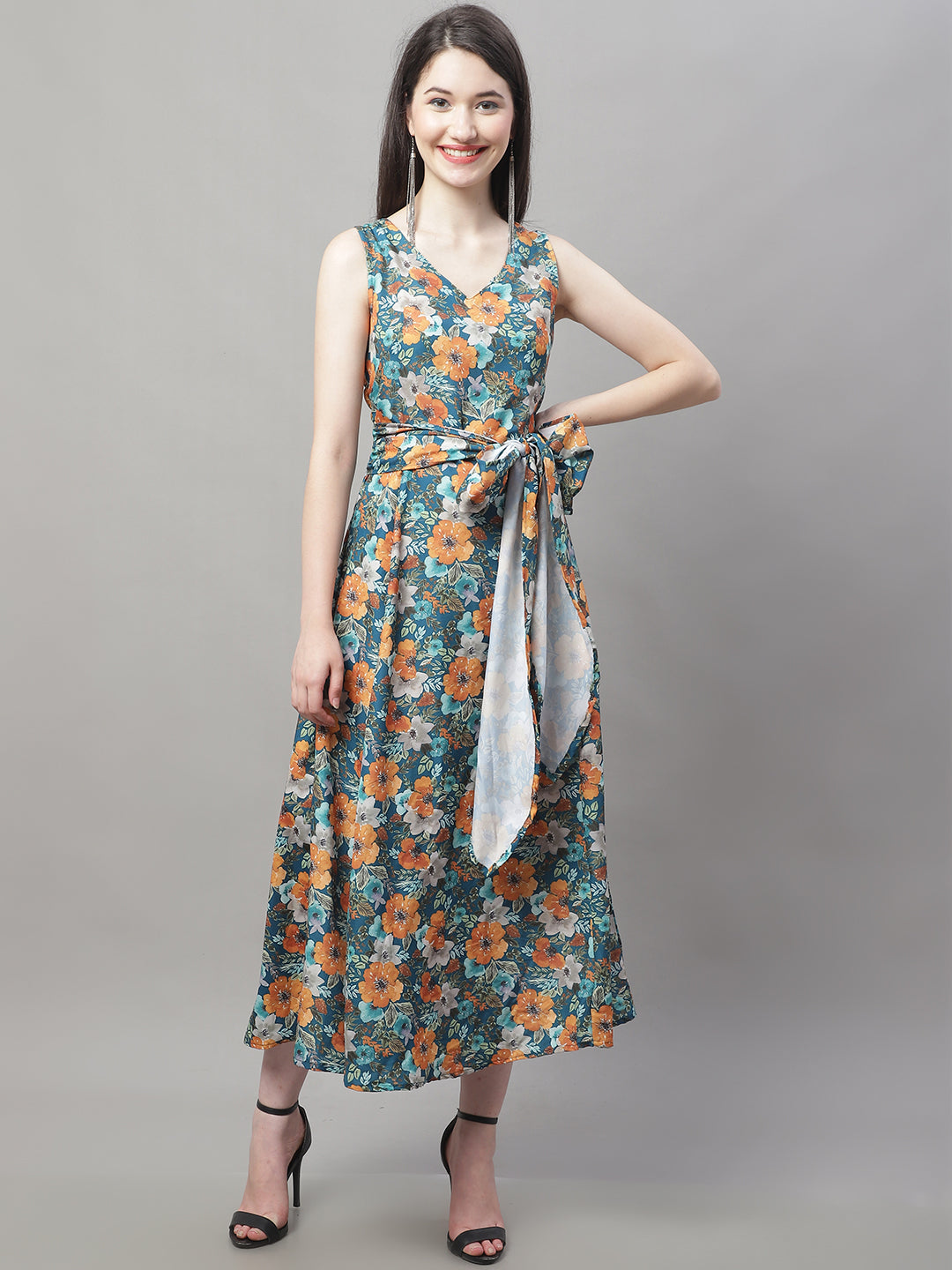 Jainish Women's Teal Blue Printed A-Line Dresses | Grocsy