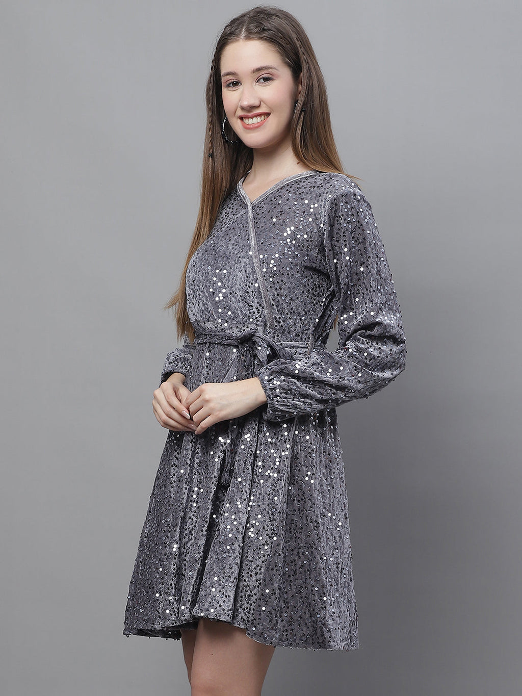 Jainish Women's WoSequin Velvet A-line dress - Grey | Grocsy