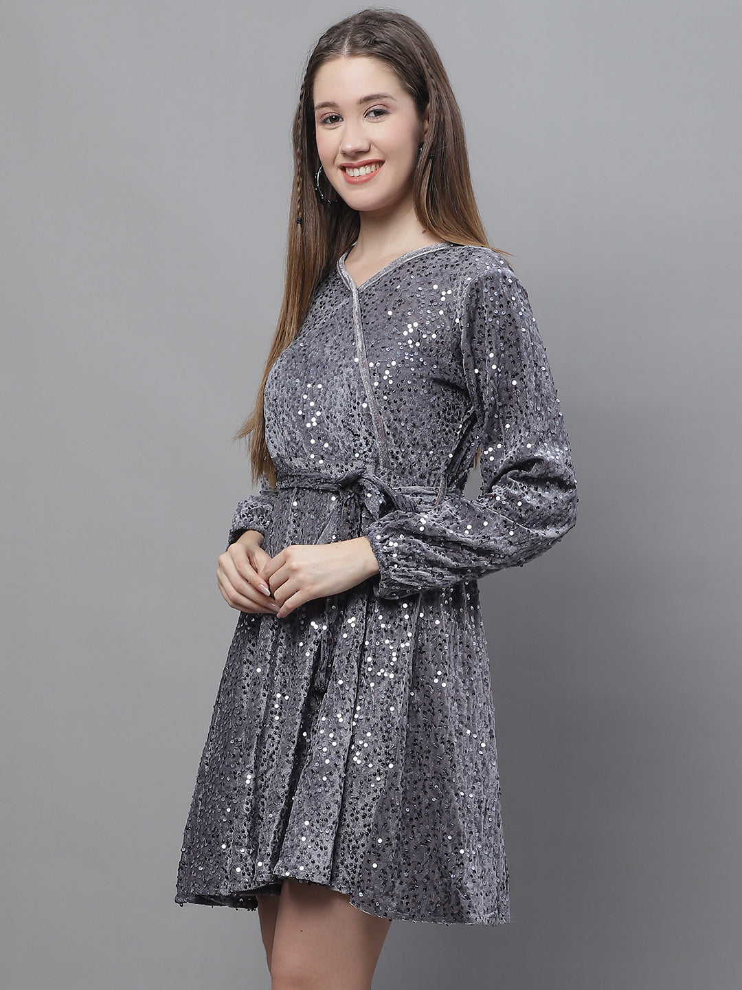 Jainish Women's WoSequin Velvet A-line dress - Grey | Grocsy