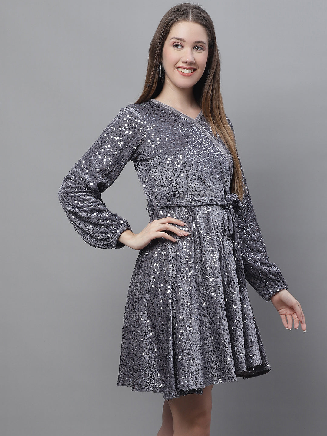 Jainish Women's WoSequin Velvet A-line dress - Grey | Grocsy
