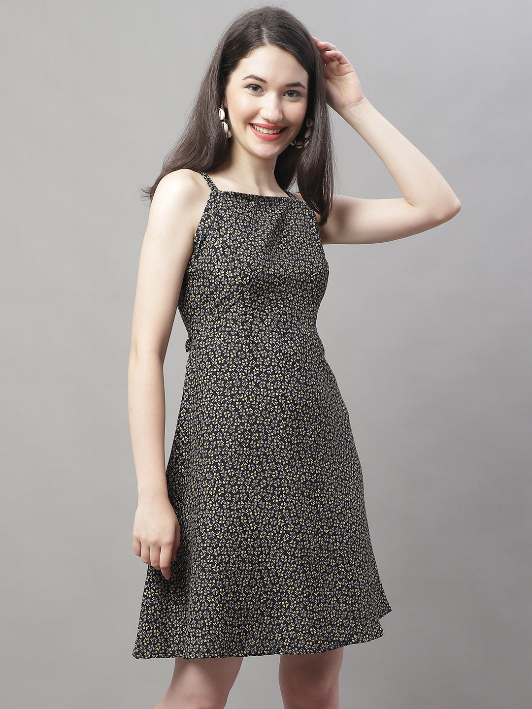 Jainish Women's Grey Floral Printed A-Line Dresses | Grocsy
