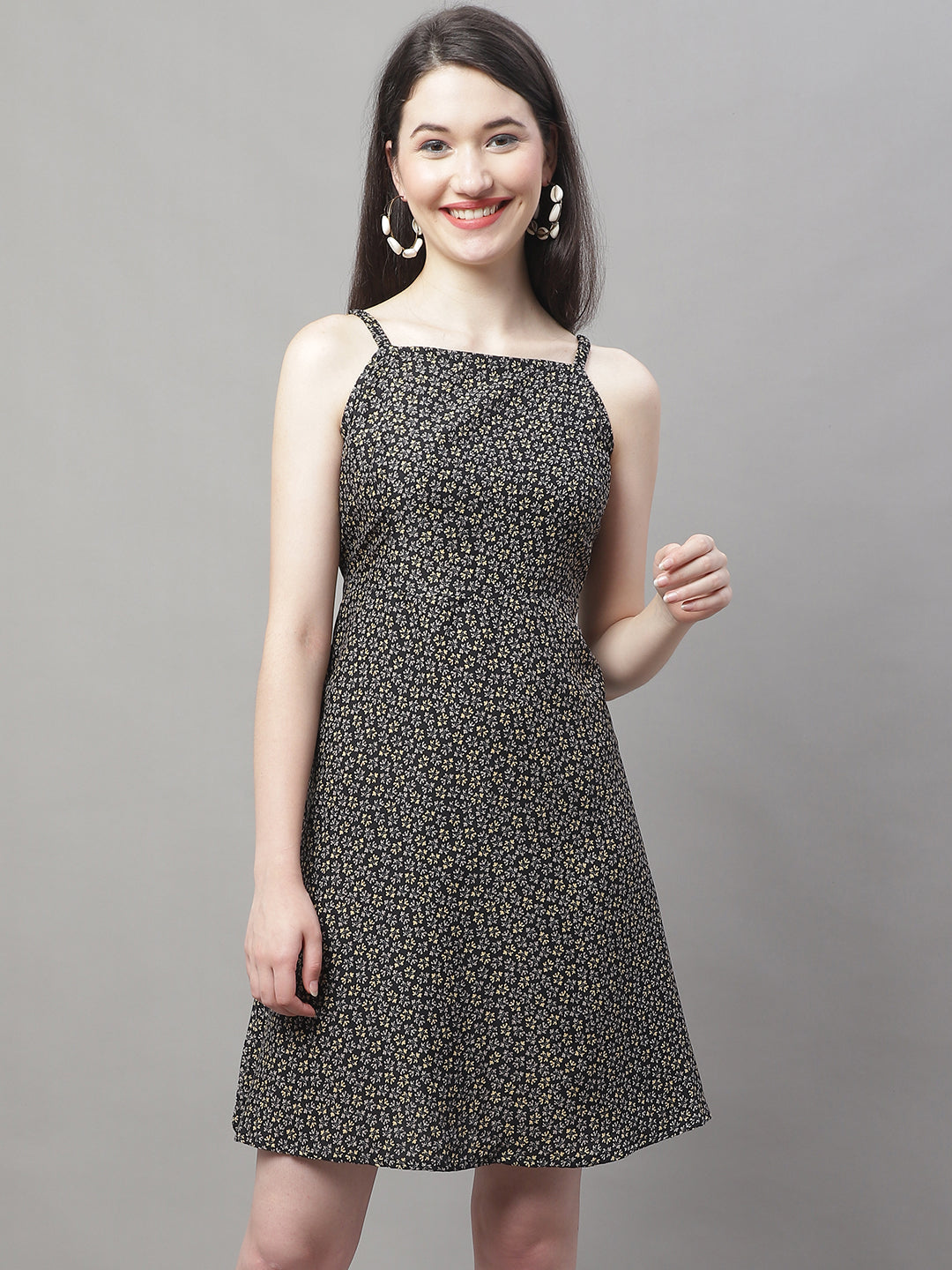 Jainish Women's Grey Floral Printed A-Line Dresses | Grocsy