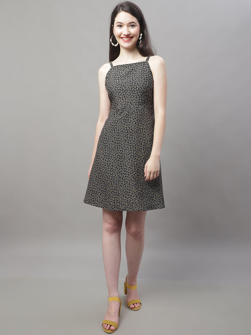 Jainish Women's Grey Floral Printed A-Line Dresses | Grocsy