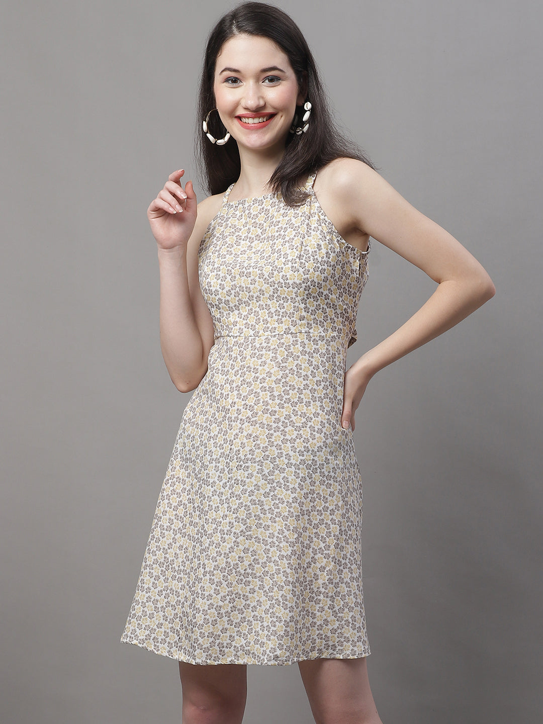 Jainish Women's Off White Floral Printed A-Line Dresses | Grocsy