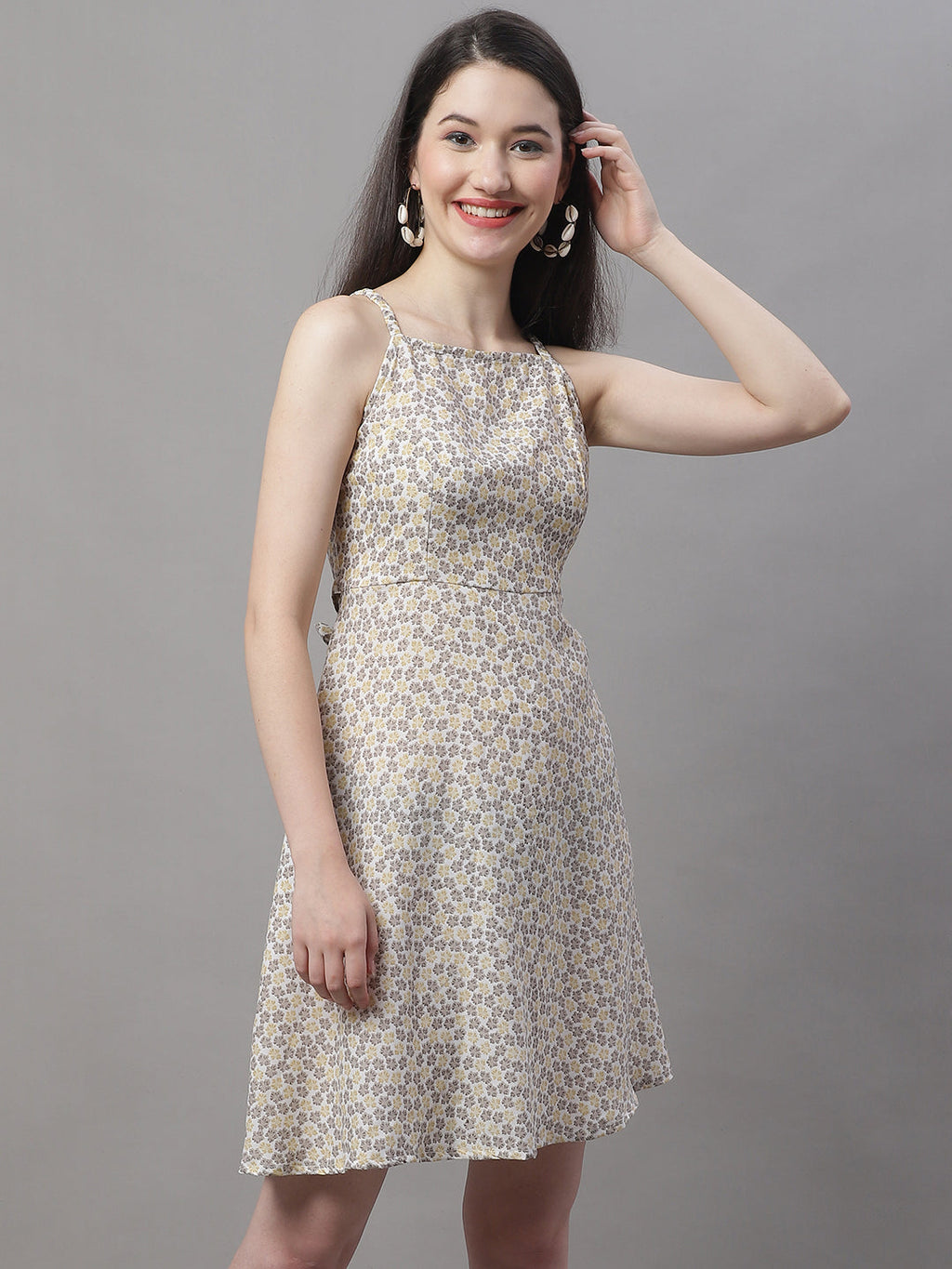 Jainish Women's Off White Floral Printed A-Line Dresses | Grocsy