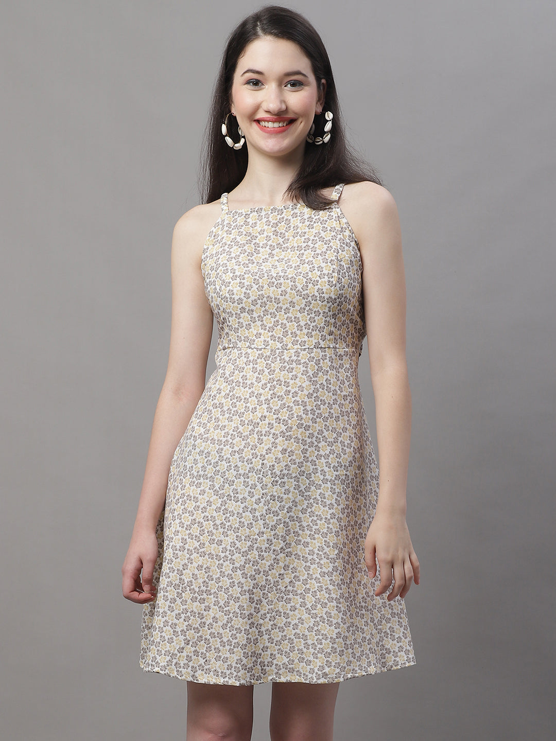 Jainish Women's Off White Floral Printed A-Line Dresses | Grocsy