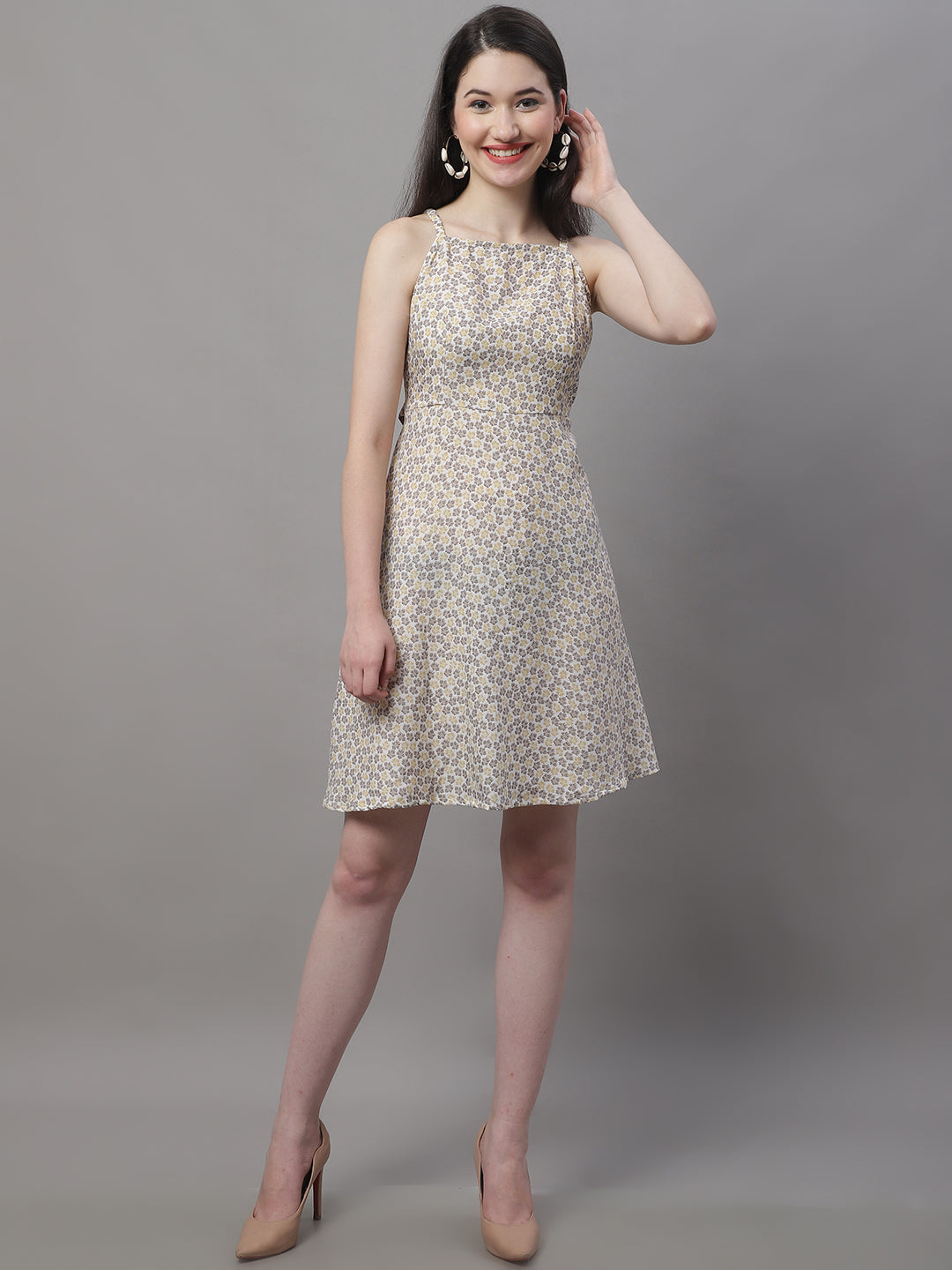 Jainish Women's Off White Floral Printed A-Line Dresses | Grocsy