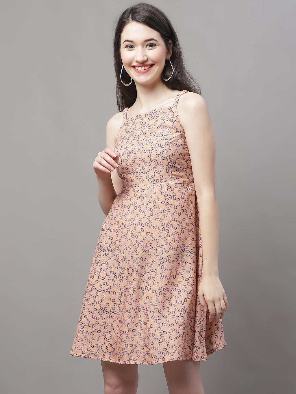 Jainish Women's Peach Floral Printed A-Line Dresses | Grocsy